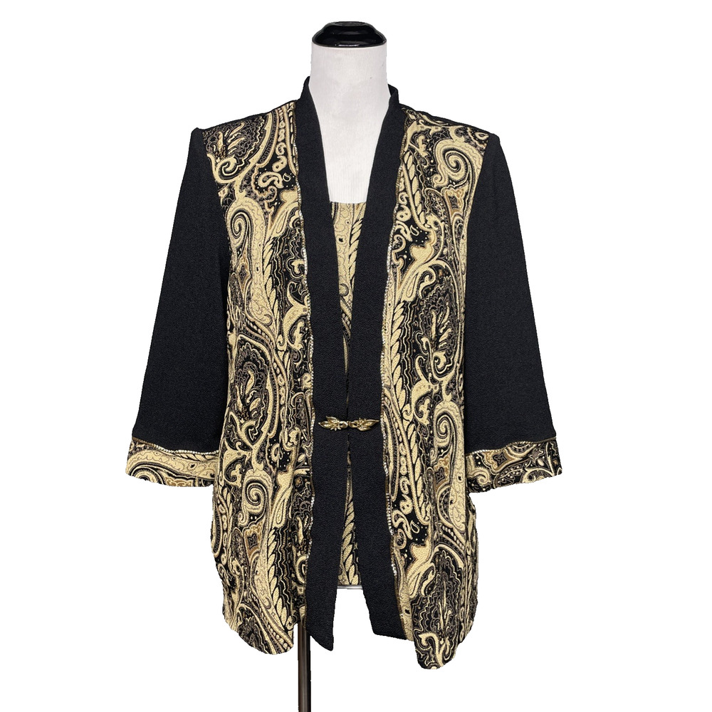 Vintage 90s R & M Richards Womens 14 Black Gold Paisley Layered Faux Cami Jacket